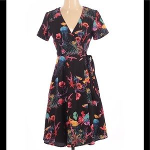 eShakti Sea World Print Crepe Wrap Dress